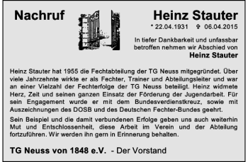 Todesanzeige von Heinz Stauter Nachruf von Rheinische Post