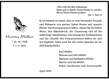 Todesanzeige von Müller Hanna von Rheinische Post