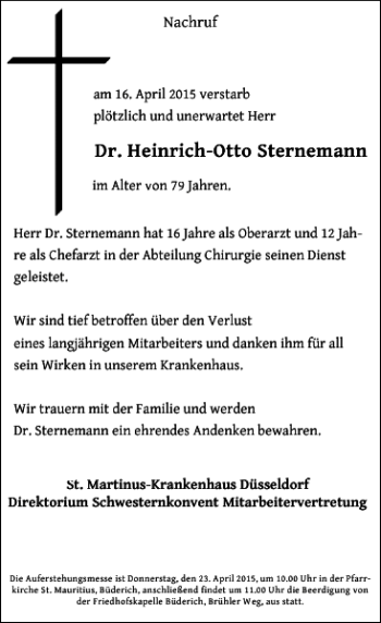 Todesanzeige von Heinrich-Otto Sterne Dr. von Rheinische Post