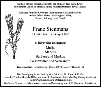 Todesanzeige von Stenmans Franz von Rheinische Post