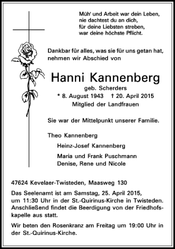 Todesanzeige von Kannenberg geb. Scherders Hanni von Rheinische Post