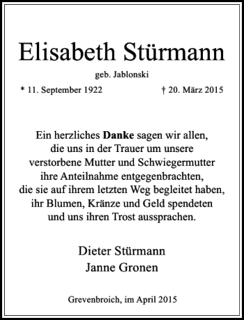 Todesanzeige von Stürmann Elisabeth von Rheinische Post