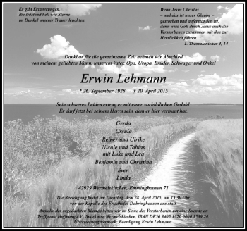 Todesanzeige von Lehmann Erwin von Rheinische Post