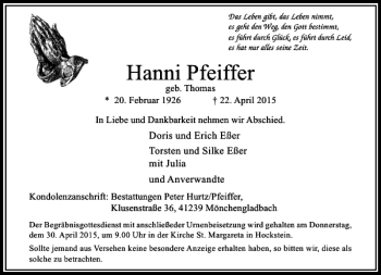 Todesanzeige von Pfeiffer Hanni von Rheinische Post