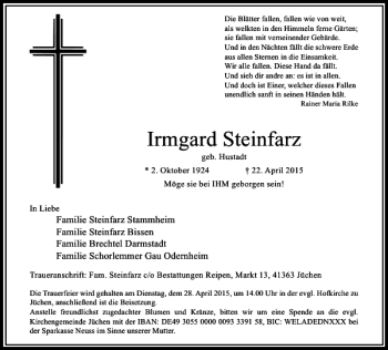 Todesanzeige von Steinfarz Irmgard von Rheinische Post