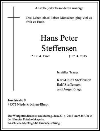 Todesanzeige von Peter Steffensen Hans von Rheinische Post