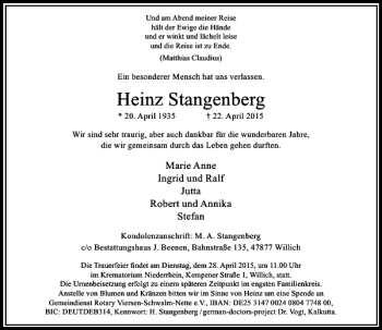 Todesanzeige von Stangenberg Heinz von Rheinische Post