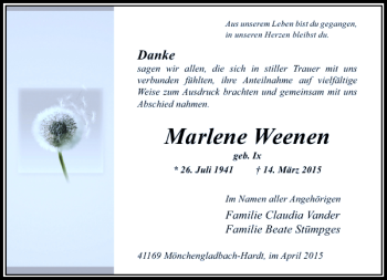 Todesanzeige von Weenen Marlene von Rheinische Post