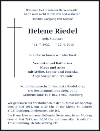 Todesanzeige von Riedel geb. Stautner Helene von Rheinische Post