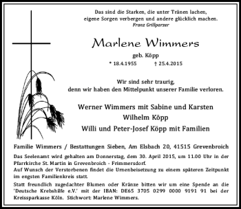 Todesanzeige von Wimmers Marlene von Rheinische Post