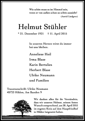 Todesanzeige von Stühler Helmut von Rheinische Post