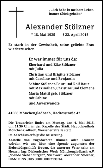 Todesanzeige von Stölzner Alexander von Rheinische Post