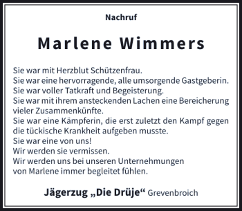 Todesanzeige von Wimmers Marlene von Rheinische Post