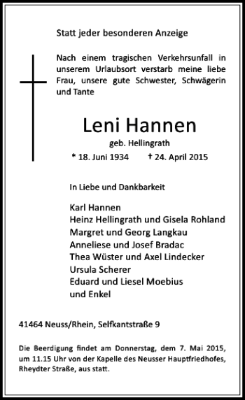 Todesanzeige von Hannen Leni von Rheinische Post