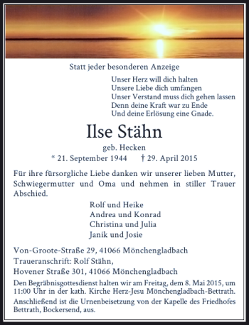 Todesanzeige von Stähn geb. Hecken Ilse von Rheinische Post