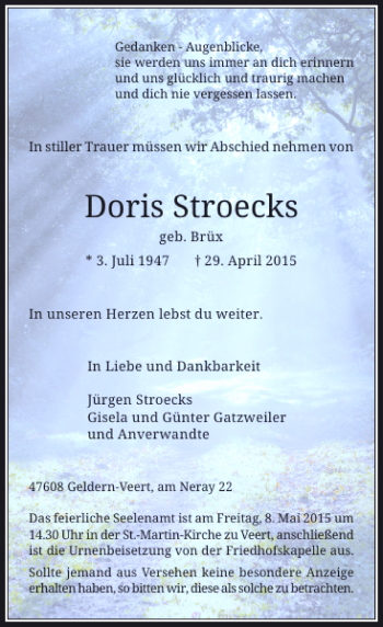Todesanzeige von Stroecks Doris von Rheinische Post