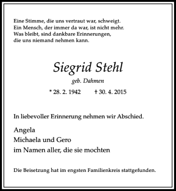 Todesanzeige von Stehl Siegrid von Rheinische Post