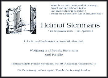 Todesanzeige von Stenmans Helmut von Rheinische Post