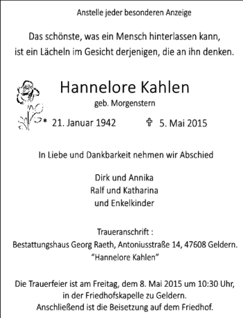 Todesanzeige von Kahlen geb. Morgenstern Hannelore von Rheinische Post