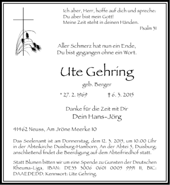 Todesanzeige von Ute Gehring von Rheinische Post