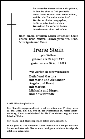 Todesanzeige von Stein Irene von Rheinische Post
