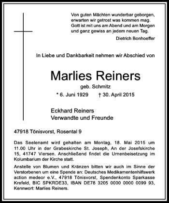 Todesanzeige von Reiners Marlies von Rheinische Post