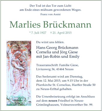 Todesanzeige von Brückmann Marlies von Rheinische Post