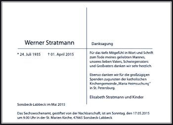 Todesanzeige von Stratmann Werner von Rheinische Post