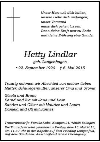 Todesanzeige von Lindlar Hetty von Rheinische Post
