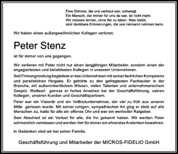 Todesanzeige von Stenz Peter von Rheinische Post