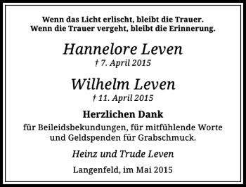 Todesanzeige von Wilhelm Leven Hannelore von Rheinische Post