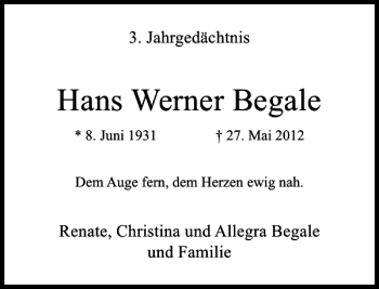 Todesanzeige von Werner Begale Hans von Rheinische Post