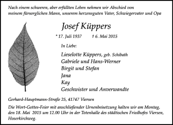 Todesanzeige von Küppers Josef von Rheinische Post