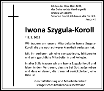 Todesanzeige von Szygula-Koroll Iwona von Rheinische Post