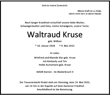 Todesanzeige von Kruse Waltraud von Rheinische Post