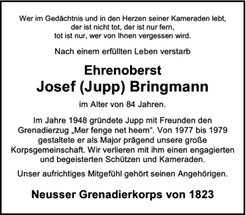 Todesanzeige von (Jupp) Bringmann Josef von Rheinische Post