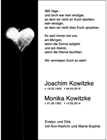 Todesanzeige von Monika Kowitzke Joachim von Rheinische Post