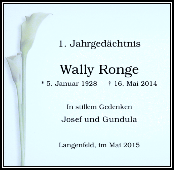 Todesanzeige von Ronge Wally von Rheinische Post