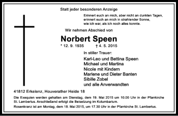 Todesanzeige von Speen Norbert von Rheinische Post