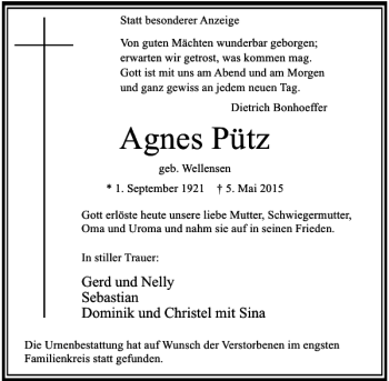 Todesanzeige von Pütz Agnes von Rheinische Post