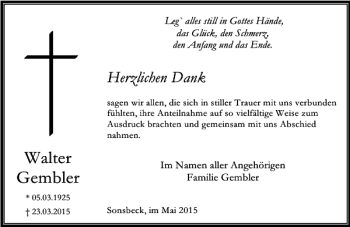 Todesanzeige von Gembler Walter von Rheinische Post