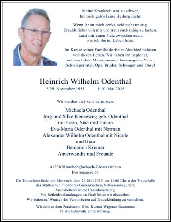 Todesanzeige von Wilhelm Odenthal Heinrich von Rheinische Post