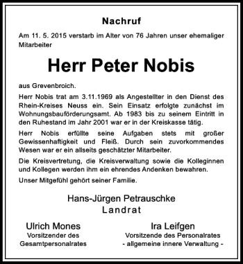 Todesanzeige von Nobis Peter von Rheinische Post