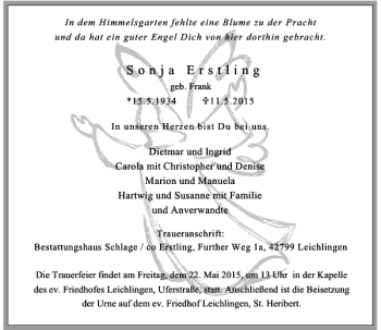 Todesanzeige von Erstling Sonja von Rheinische Post