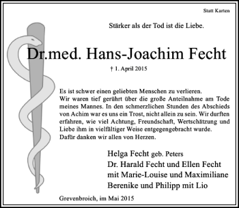 Todesanzeige von med. Hans-Joachim Fecht Dr. von Rheinische Post