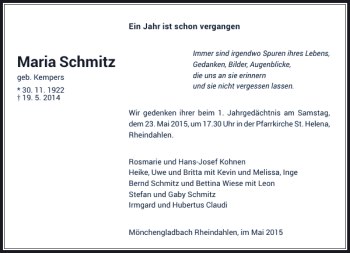 Todesanzeige von Schmitz Maria von Rheinische Post