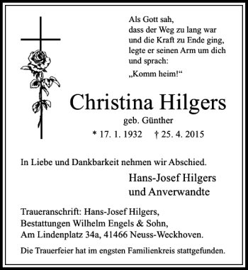 Todesanzeige von Hilgers Christina von Rheinische Post