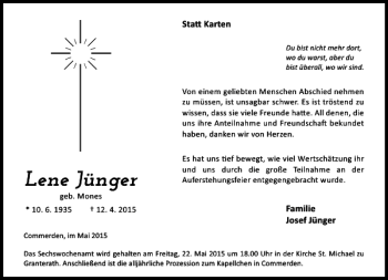 Todesanzeige von Jüngen Lene von Rheinische Post