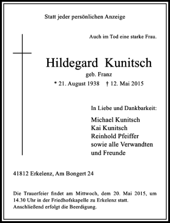 Todesanzeige von Kunitsch Hildegard von Rheinische Post