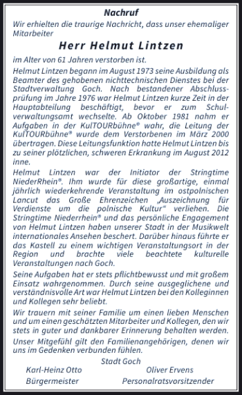 Todesanzeige von Lintzen Helmut von Rheinische Post